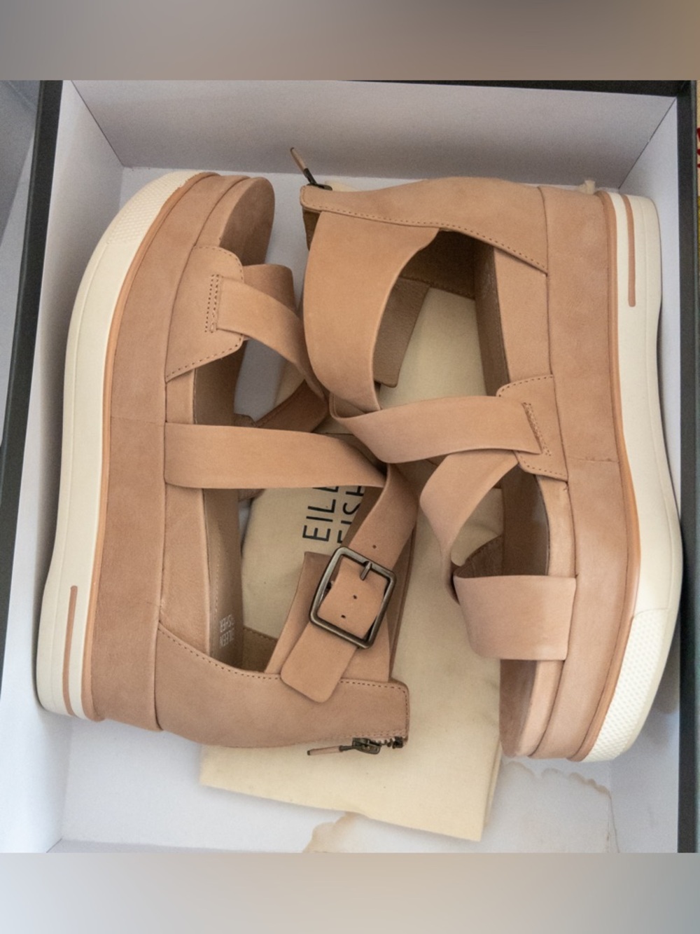 NWT NIB Eileen Fisher Boost Platform Zip Back Sandals Nubuck Latte Tan Size 8 - Picture 5 of 14